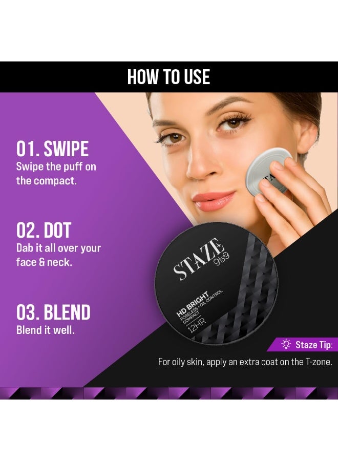 Staze 9to9 HD Bright Compact | 12hrs long stay | Poreless Matte Finish + Oil Control | Evens out Complexion, Blends effortlessly | Lightweight Microfine Formula with Vitamin E| 128C Cashmere 9g - Image 4